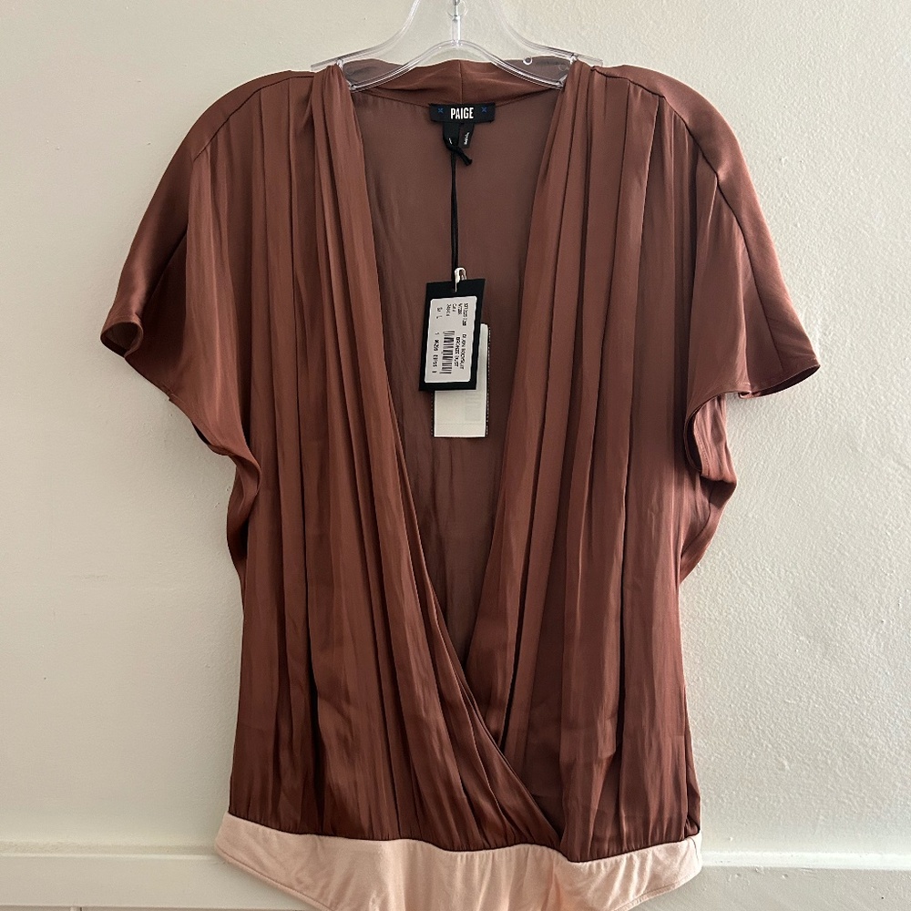 NWT PAIGE DIJON WRAP FRONT BLOUSE WITH BODYSUIT ATTACHED, BRONE DUST, SIZE L